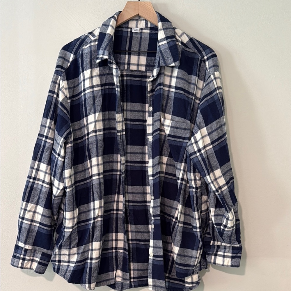 Old Navy Navy Blue and White Plaid Button Down Shirt